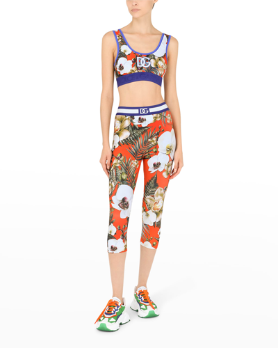 Shop Dolce & Gabbana Logo Floral Cropped Leggings In Blue Orange