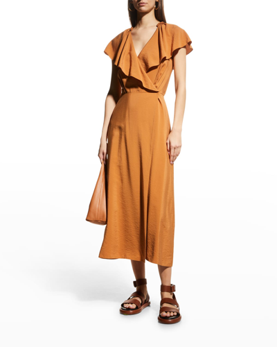 Shop Vince Braid-trim Flutter-sleeve Wrap Dress In Copper