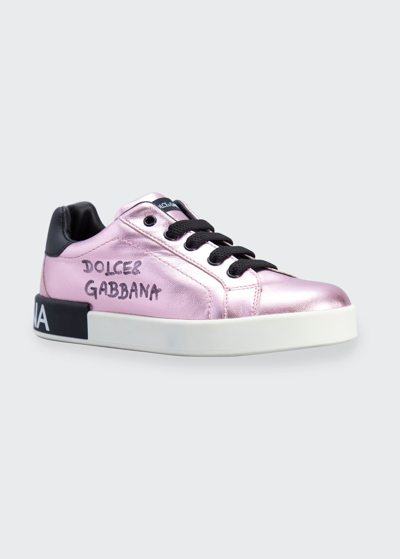 Shop Dolce & Gabbana Metallic Logo Leather Sneakers, Kids In Pink/black