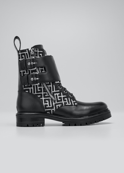 Shop Balmain Men's Ranger Monogram Jacquard Combat Boots In Ivory/black