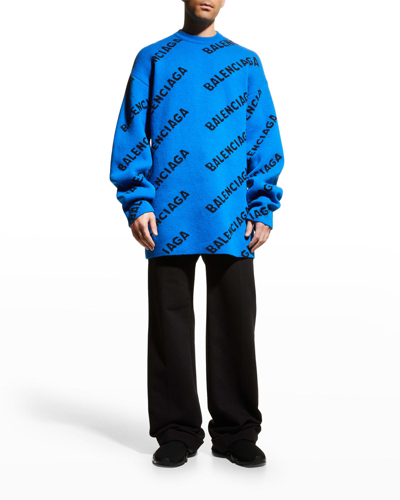 Shop Balenciaga Men's Wool Logo Sweater In Blue/blk
