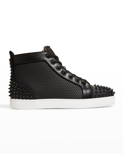 Shop Christian Louboutin Men's Lou Spikes 2 Flat Studded Leather Sneakers In Black/black Mat