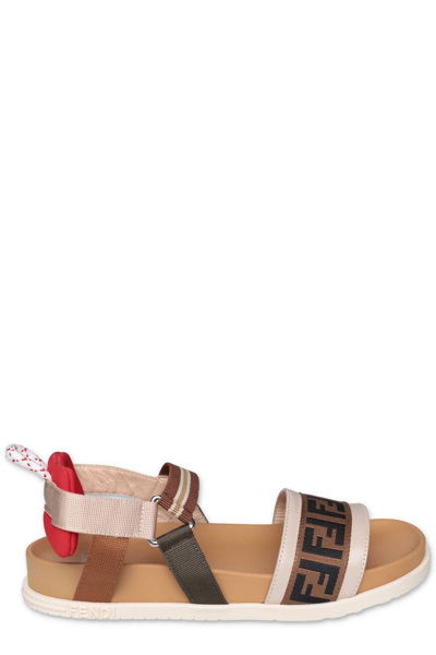 Shop Fendi Kids Logo Band Strapped Sandals In Beige