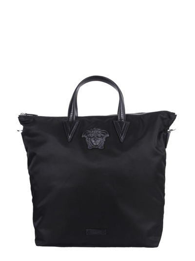 Shop Versace Medusa Plaque Zipped Tote Bag In Black