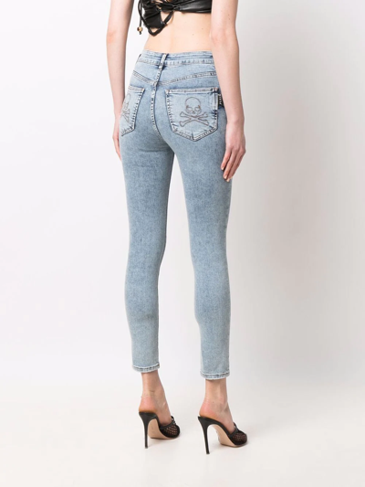 Philipp Plein Skull-embroidered High-waisted Jeans In Blau