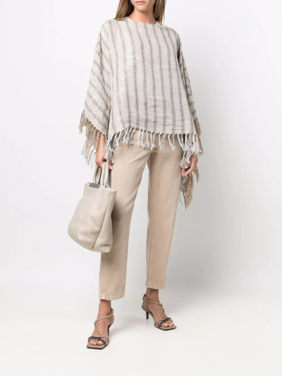 Brunello Cucinelli Striped Tassel-trim Poncho In Neutrals