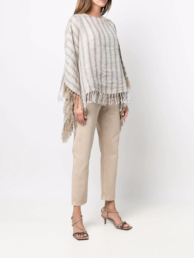 Brunello Cucinelli Striped Tassel-trim Poncho In Neutrals