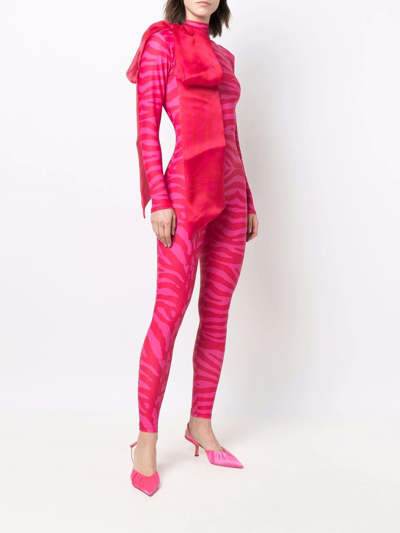 Shop Atu Body Couture Tiger-print Organza-bow Catsuit In Rosa