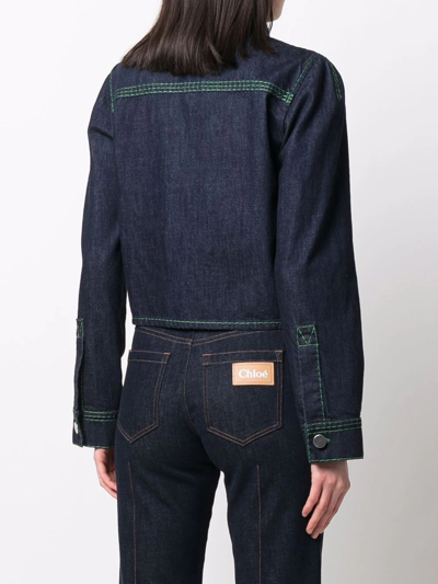 Shop Bottega Veneta Contrast-stitch Cropped Denim Jacket In Blau