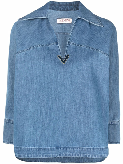 Shop Valentino Spread-collar Denim Blouse In Blau