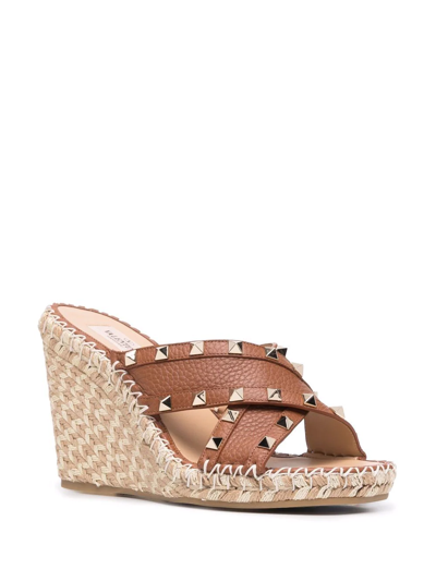Valentino Rockstud Torchun Leather Espadrille Wedges In Brown
