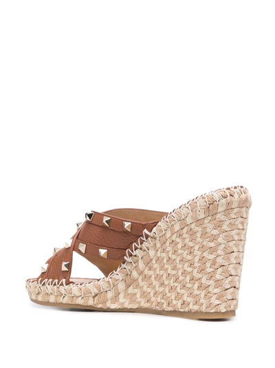 Valentino Rockstud Torchun Leather Espadrille Wedges In Brown
