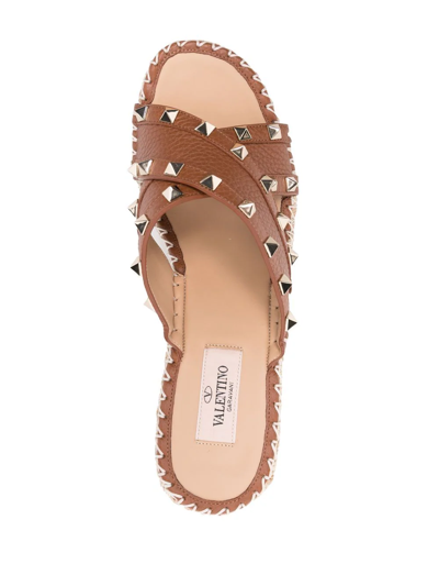 Valentino Rockstud Torchun Leather Espadrille Wedges In Brown