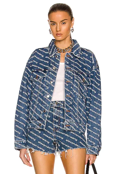 Alexander Wang Logo Print Denim Jacket In Deep Blue & White
