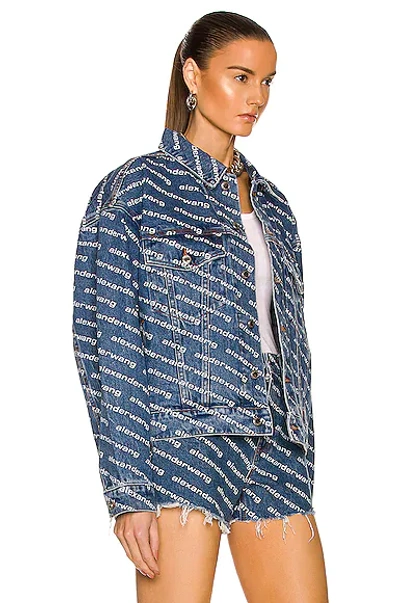 Alexander Wang Logo Print Denim Jacket In Deep Blue & White