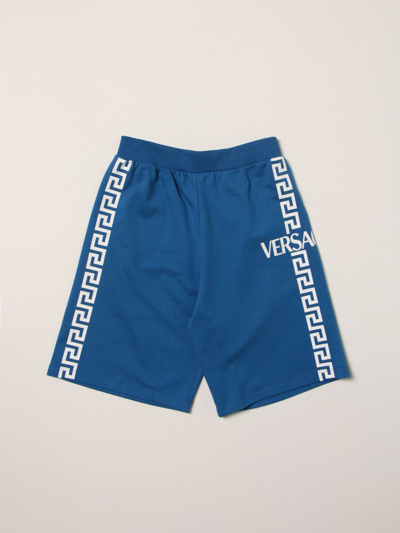 Shop Young Versace Versace Young Cotton Shorts With Logo In Sapphire