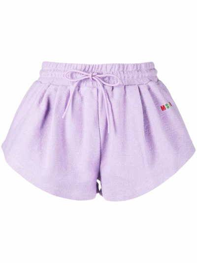 Shop Msgm Logo-embroidered Cotton Track Shorts In Violett