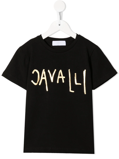 Shop Roberto Cavalli Junior Metallic-logo Print T-shirt In Black
