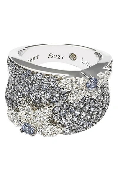 Suzy Levian 18k Gold & Sterling Silver Pavé Blue & Created White Sapphire Diamond Accent Floral Band In Blue