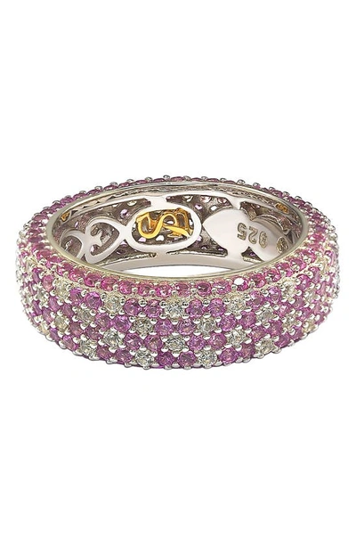 Suzy Levian Sterling Silver Pink Sapphire And Diamond Accent Eternity Pave Ring In Pink