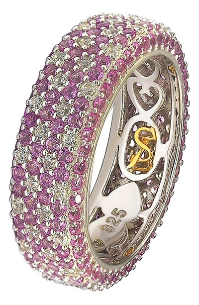 Suzy Levian Sterling Silver Pink Sapphire And Diamond Accent Eternity Pave Ring In Pink