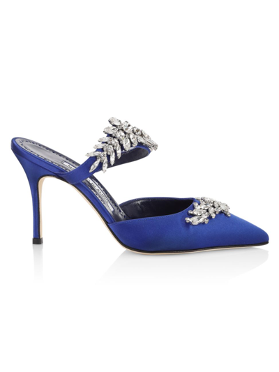 Shop Manolo Blahnik Women's Lurum 90mm Embellished Satin Mules In Blue