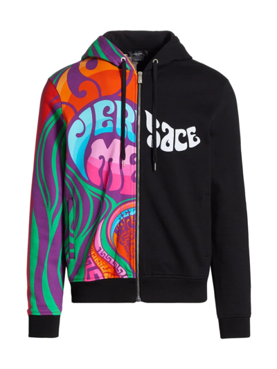 Shop Versace Men's Music Split-print Zip-up Sweatshirt In Black Multi