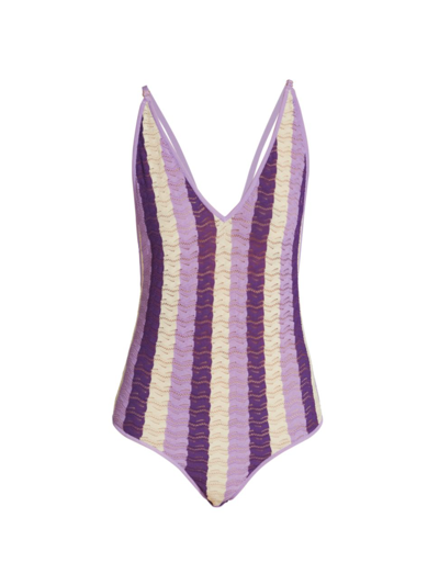 Shop Dodo Bar Or Women's Liv Striped Pointelle Knit Bodysuit In Purple Combo