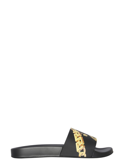 Shop Versace Chain Slippers In Black
