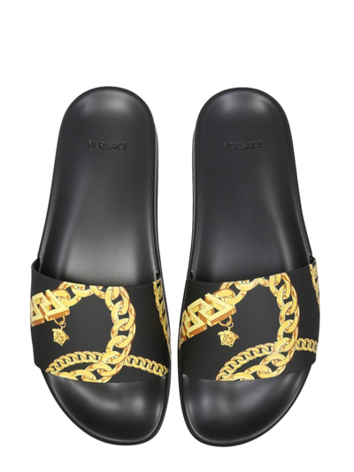 Shop Versace Chain Slippers In Black