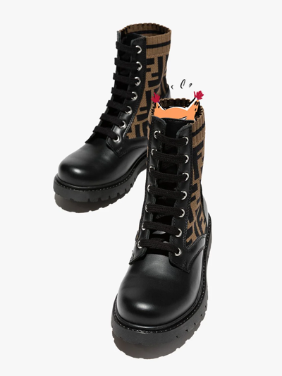 Fendi Teen Ff Motif Lace-up Boots In F0pmm Nero+tabacco Nero