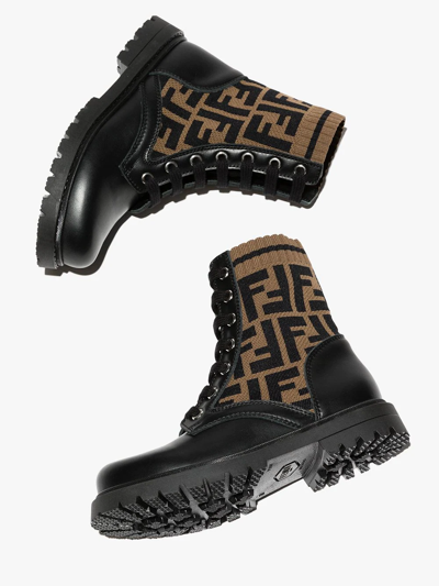 Fendi Teen Ff Motif Lace-up Boots In F0pmm Nero+tabacco Nero