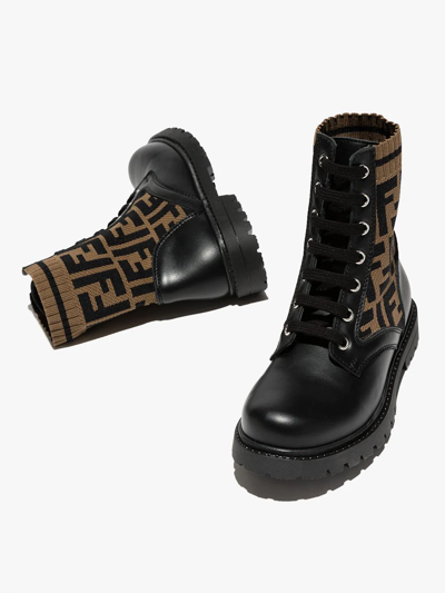 Fendi Teen Ff Motif Lace-up Boots In F0pmm Nero+tabacco Nero