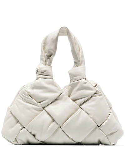 Shop Bottega Veneta Padded Lock Intrecciato Tote Bag In White