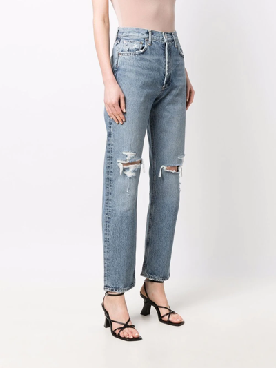 Shop Agolde '90s Pinch Waist Ripped-detail Jeans In Blue