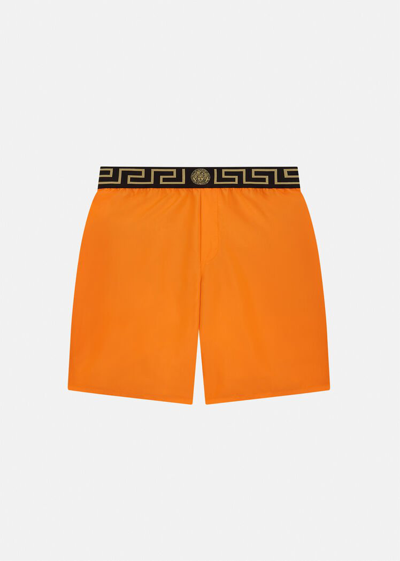 Shop Versace Mid-length Greca Border Swim Shorts In Orange