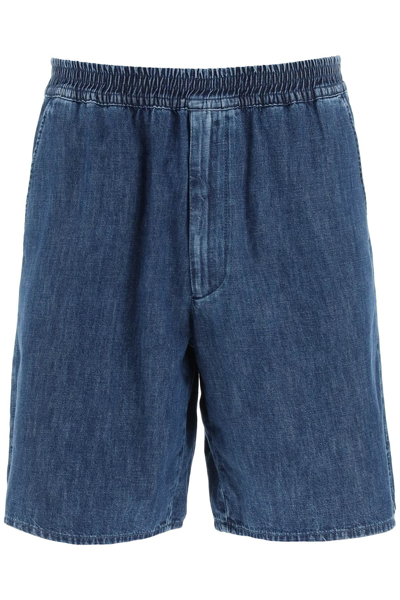 Shop Valentino Chambray Denim Shorts In Blue