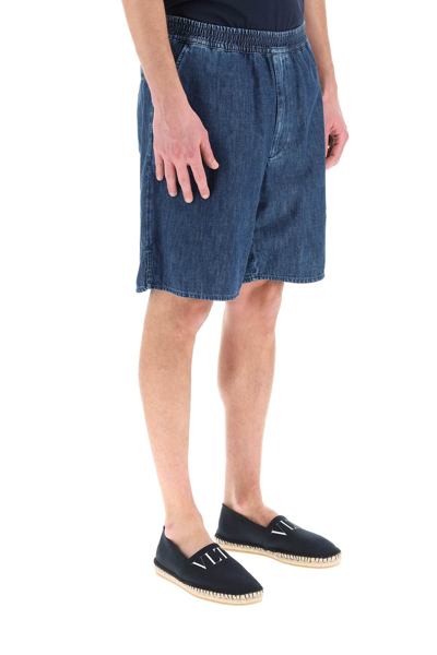 Shop Valentino Chambray Denim Shorts In Blue