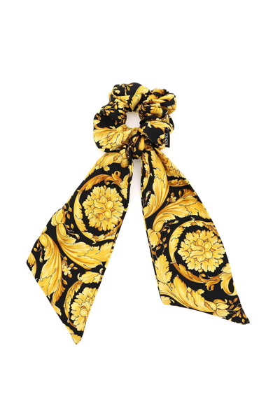 Shop Versace Barocco Print Silk Scrunchie In Black,gold