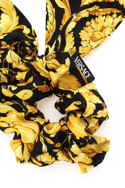 Shop Versace Barocco Print Silk Scrunchie In Black,gold