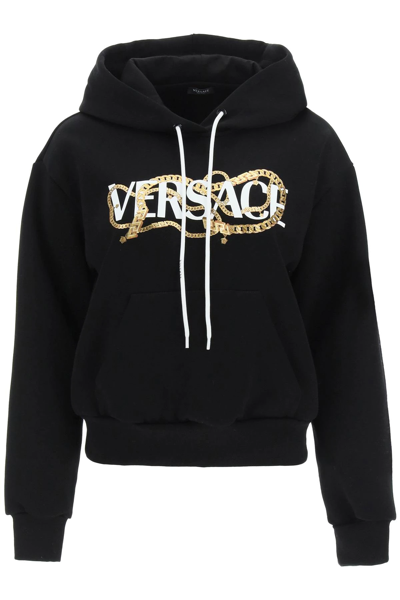 Shop Versace Chain Logo Hoodie In Black,white,gold