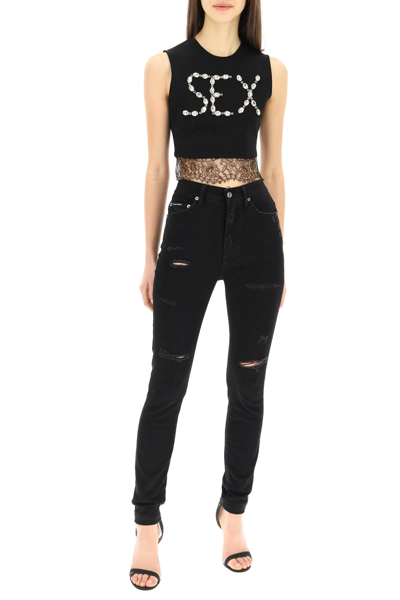 Shop Dolce & Gabbana 'sex' Cropped Top With Crystals In Black