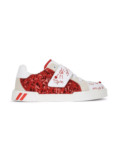 Dolce & Gabbana Glitter-detail Leather Sneakers In Red