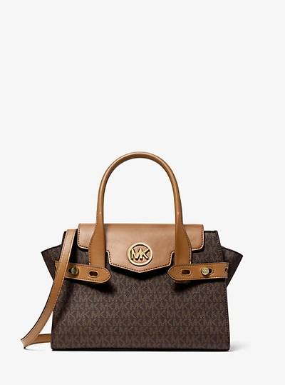 Shop Michael Kors Carmen Medium Logo And Faux Leather Belted Satchel In Brown