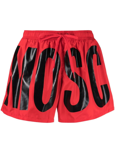 Shop Moschino Logo Print Swim Shorts In Red