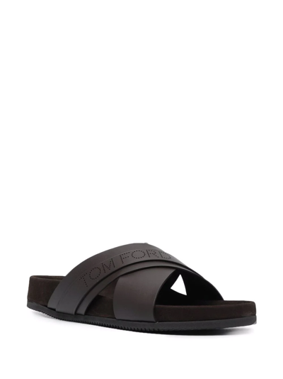 Shop Tom Ford Perforated-logo Leather Sandals In Braun
