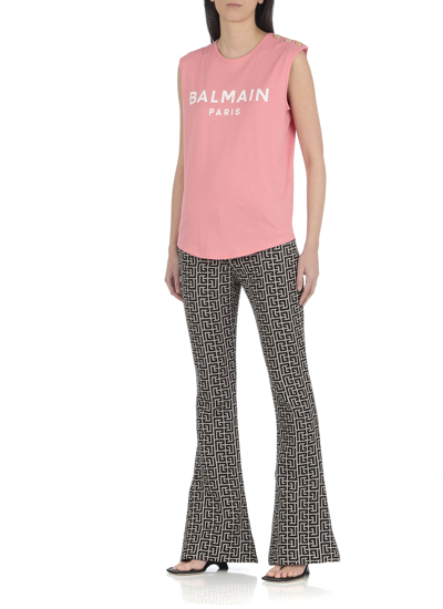 Shop Balmain Top In Rose Saumon/blanc