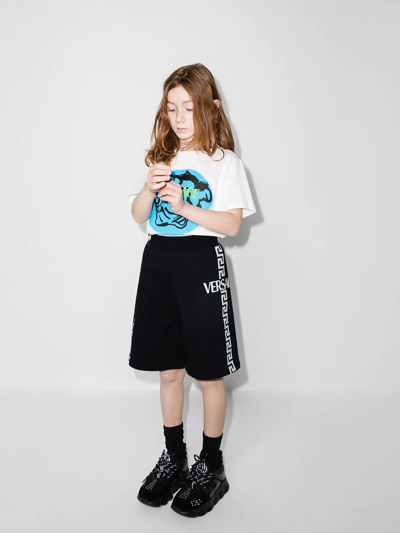 Versace Teen Greca-logo Cotton Track Shorts In Black