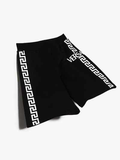 Versace Teen Greca-logo Cotton Track Shorts In Black