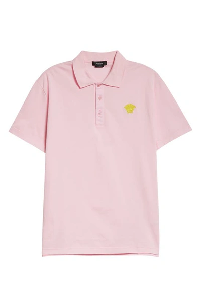 Shop Versace Medusa Appliqué Cotton Polo Shirt In Candy/ Pineapple